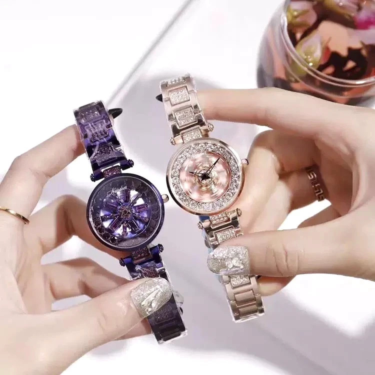 DKY Ladies Wrist Watches Stainless Steel Movable Dial Wristwatch Full Diamonds