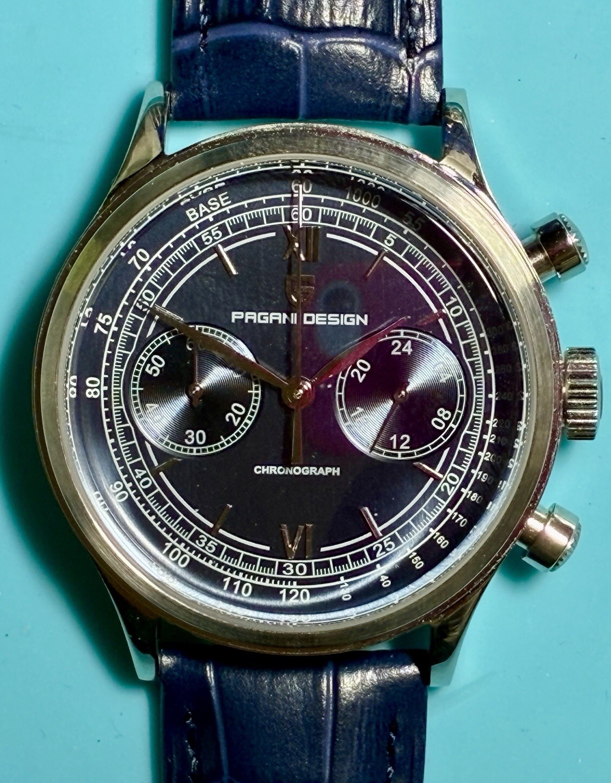 PAGANI DESIGN 40MM CHRONO VINTAGE STYLE BLUE BICOMPAX DIAL SEIKO VK64 QUARTZ