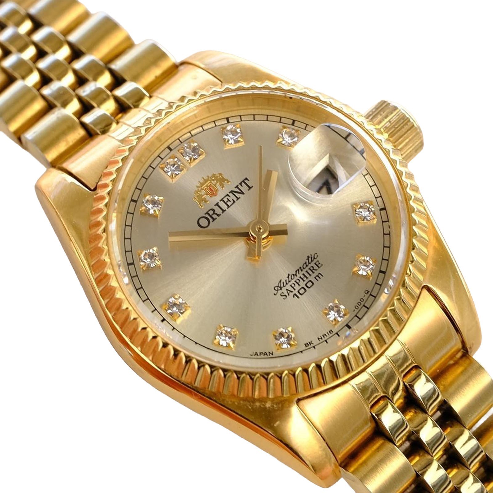 ORIENT President Automatic Ladies Gold Tone Sapphire Watch NR16 Day Date Auth JP
