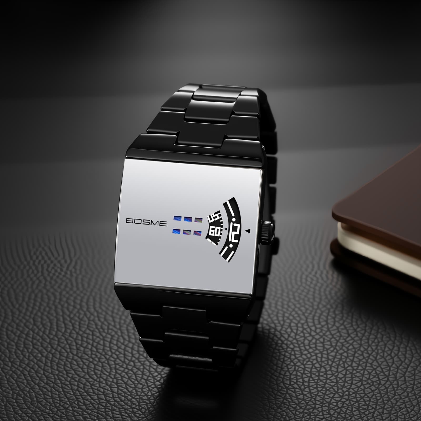Mens Business Square Dial Creaitve No-Hand Jumping Hour Display Watch