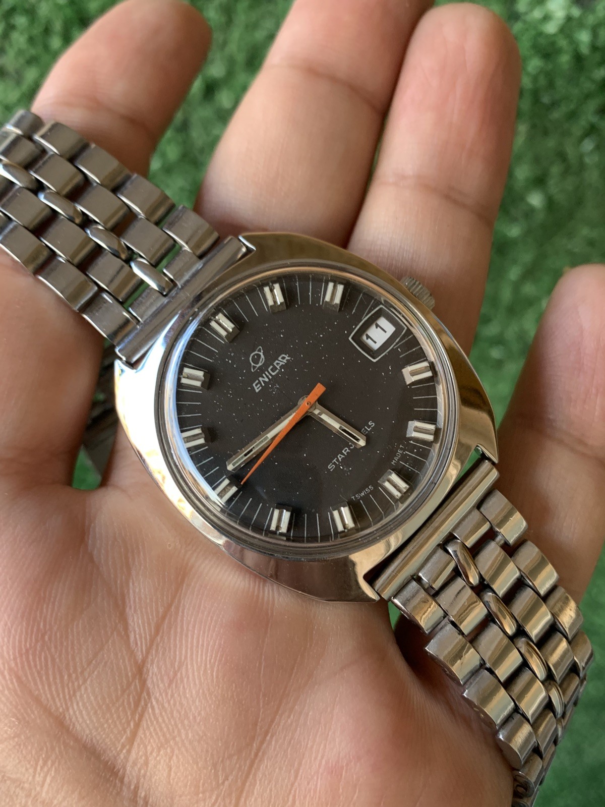 Vintage Enicar Ocean Pearl Watch Stainless Steel Star Jewels Dial 36mm Men 1960s