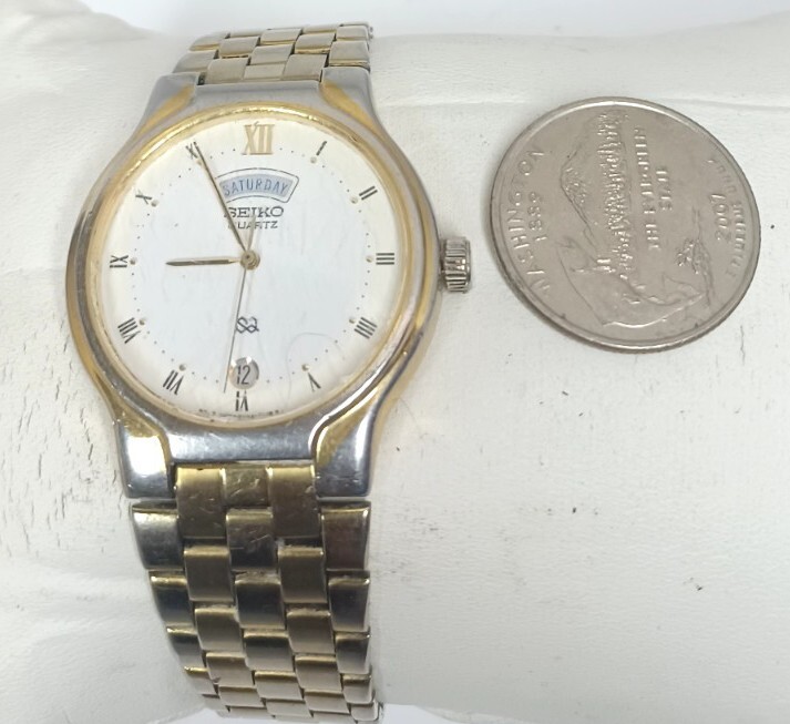 Vtg Men Seiko Sq Watch 5y23-7159 Baton Indexes Steel Bracelet Gold Tone Calenda