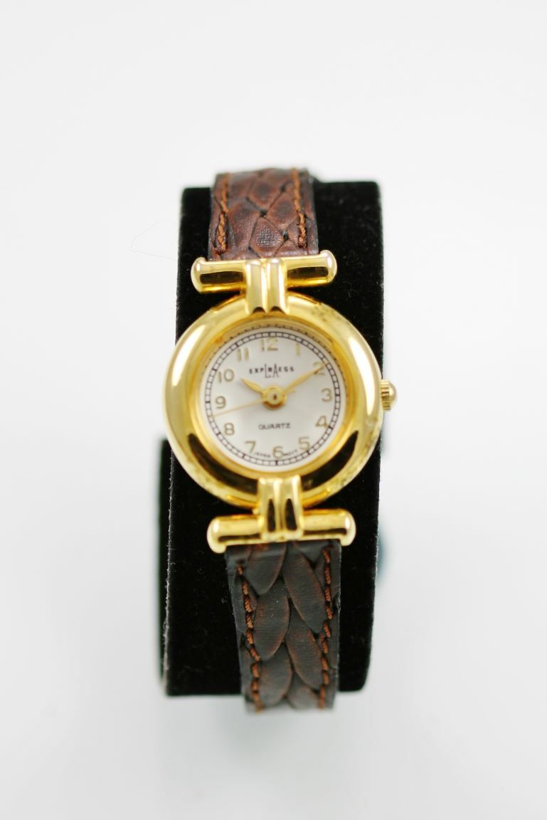 LA Express Watch Women Stainless Gold Leather Brown Water Res Batt White Quartz