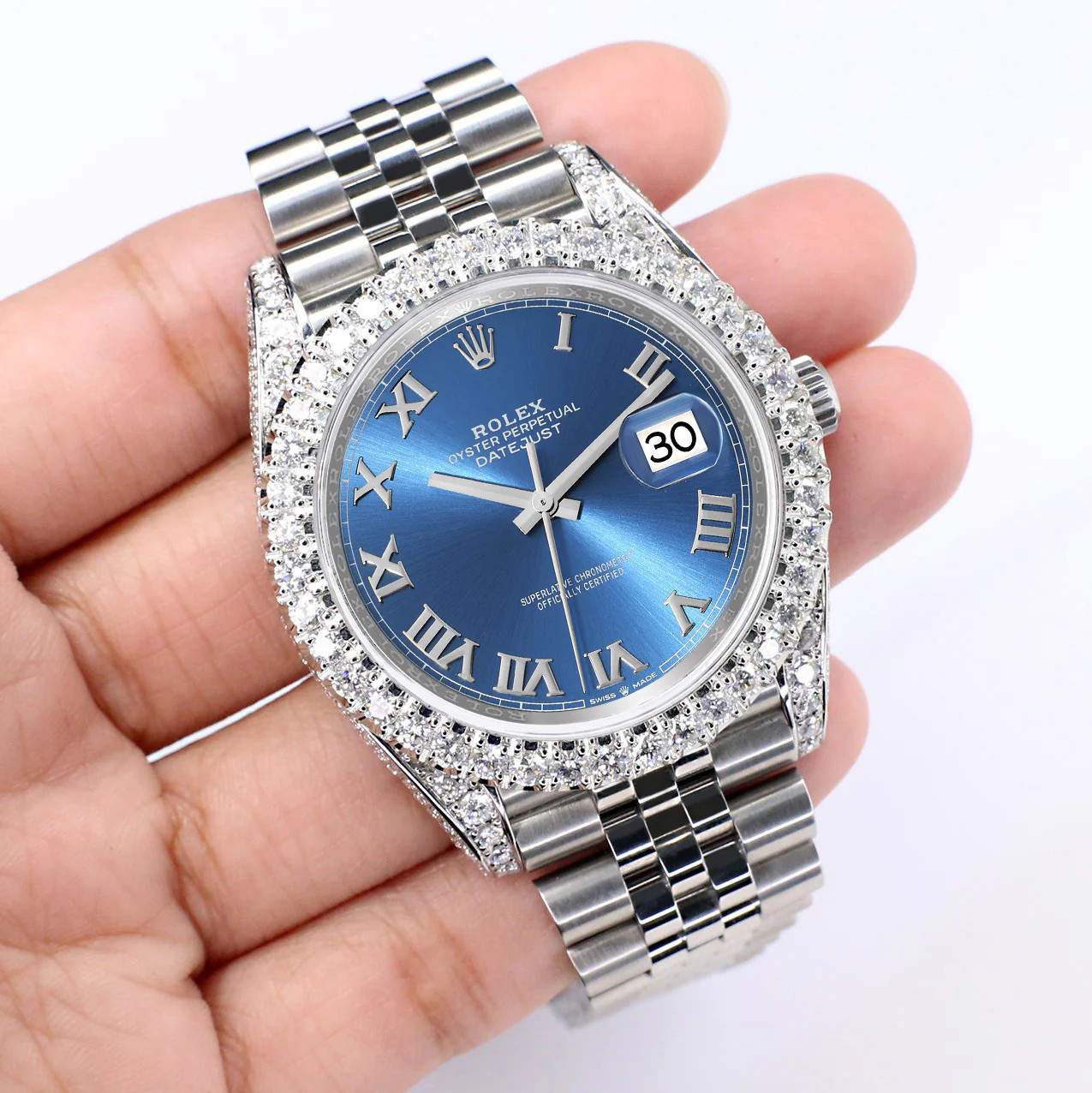 Rolex Datejust 41 5.9CT Diamonds Watch With Blue Roman Dial 126300 Box Papers