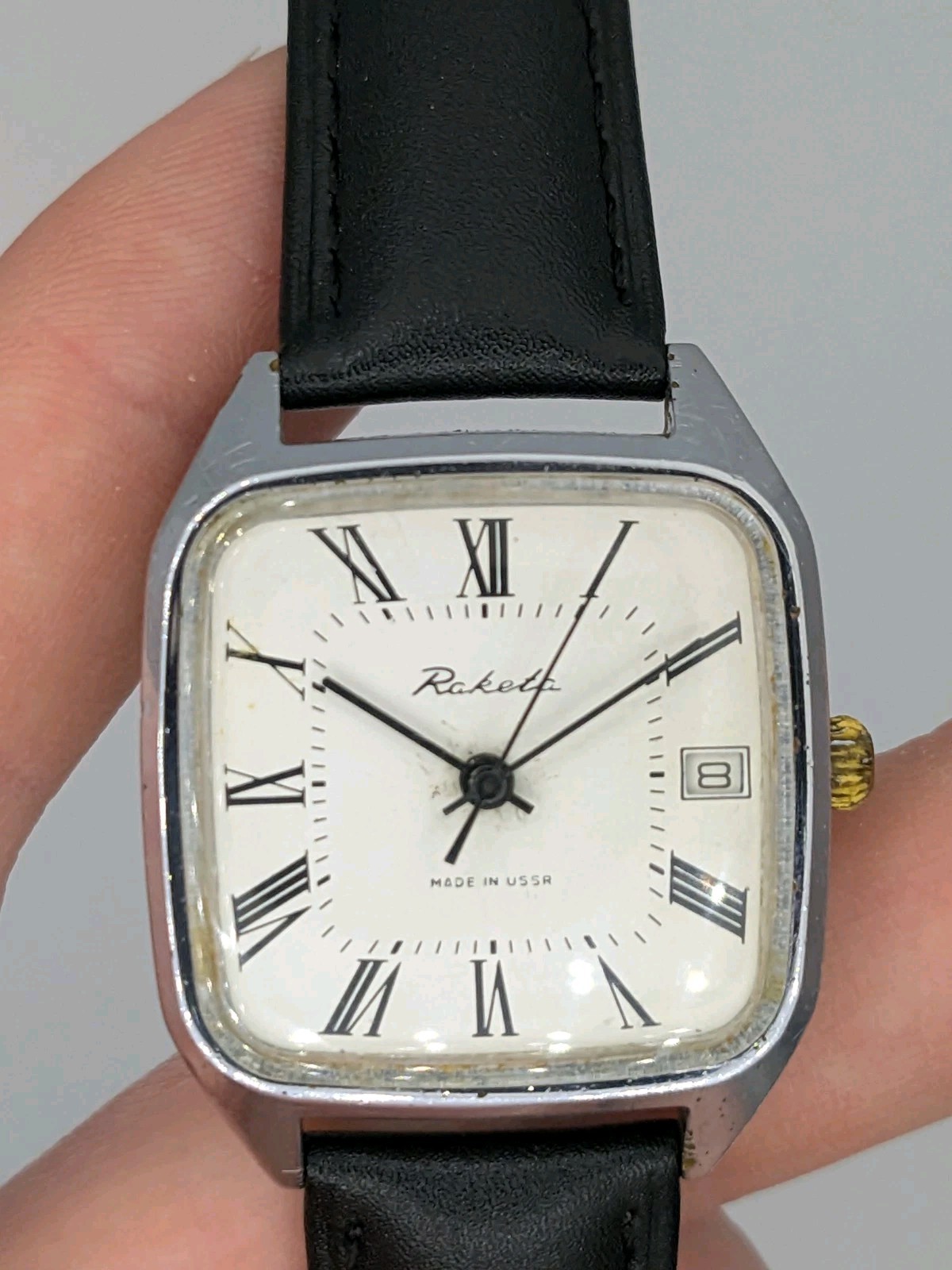 Raketa 2614 Square Vintage Watch Soviet USSR Men Roman Date Mechanical 1970s
