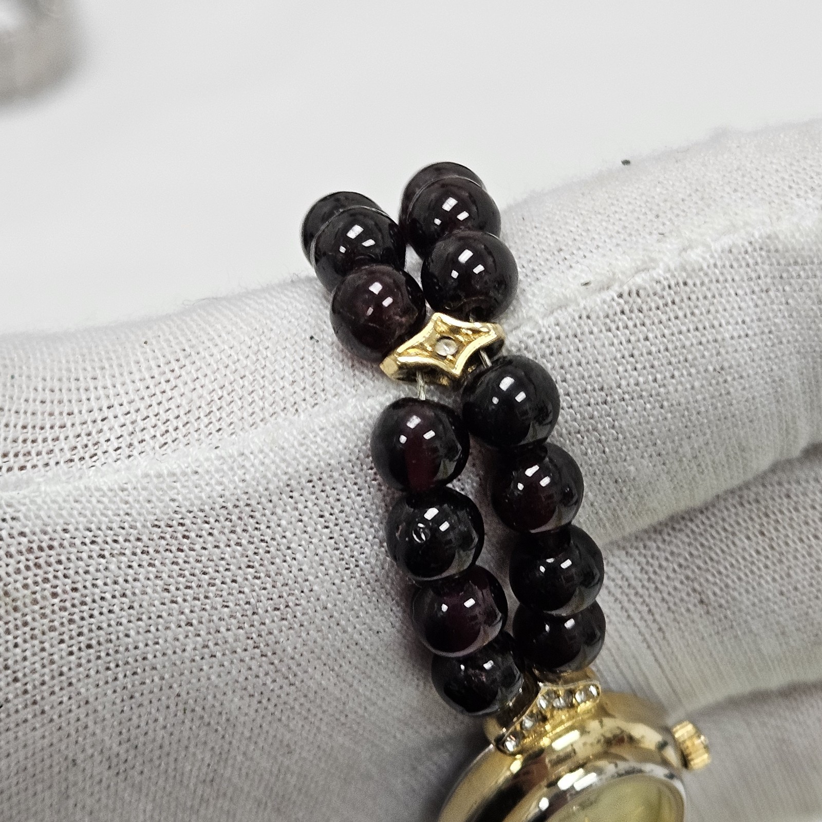 Lucoral Gold Tone Black Beaded Diamond Ladies Cocktail Dress Watch 7 3/4″ Wrist