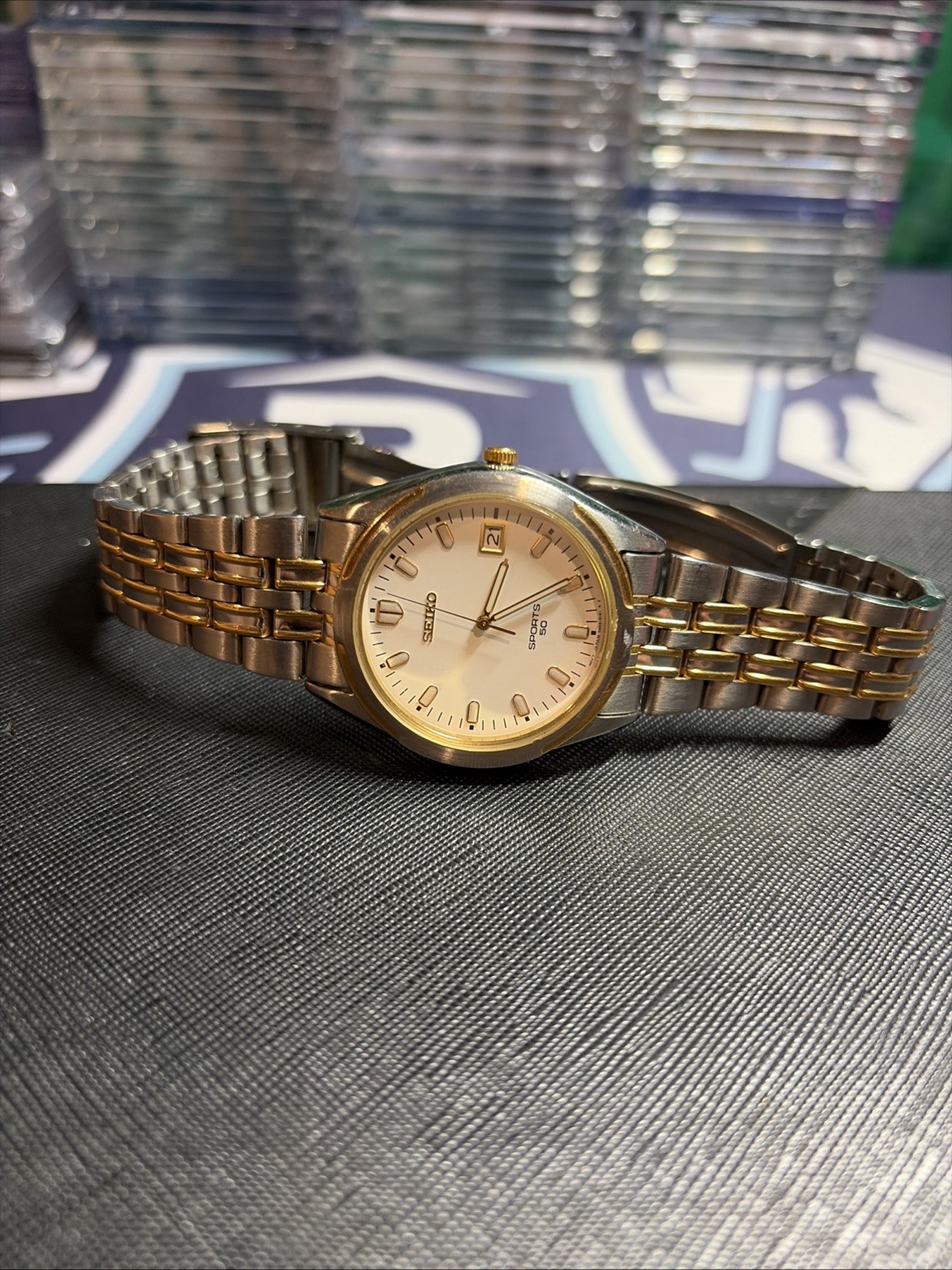 Seiko Quartz Sports 50 — Two‑Tone Men’s Watch — Day/Date — Analog Needs Batt.