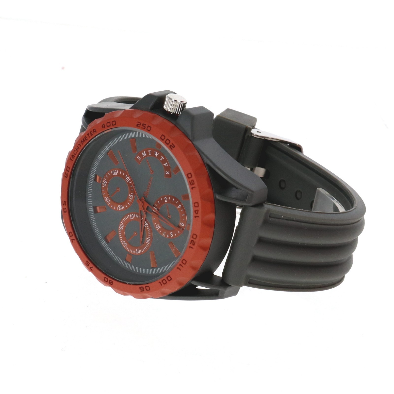 Raynell Chronograph Style Gray Dial , Orange & Grey Oversize Bezel Silicone Band
