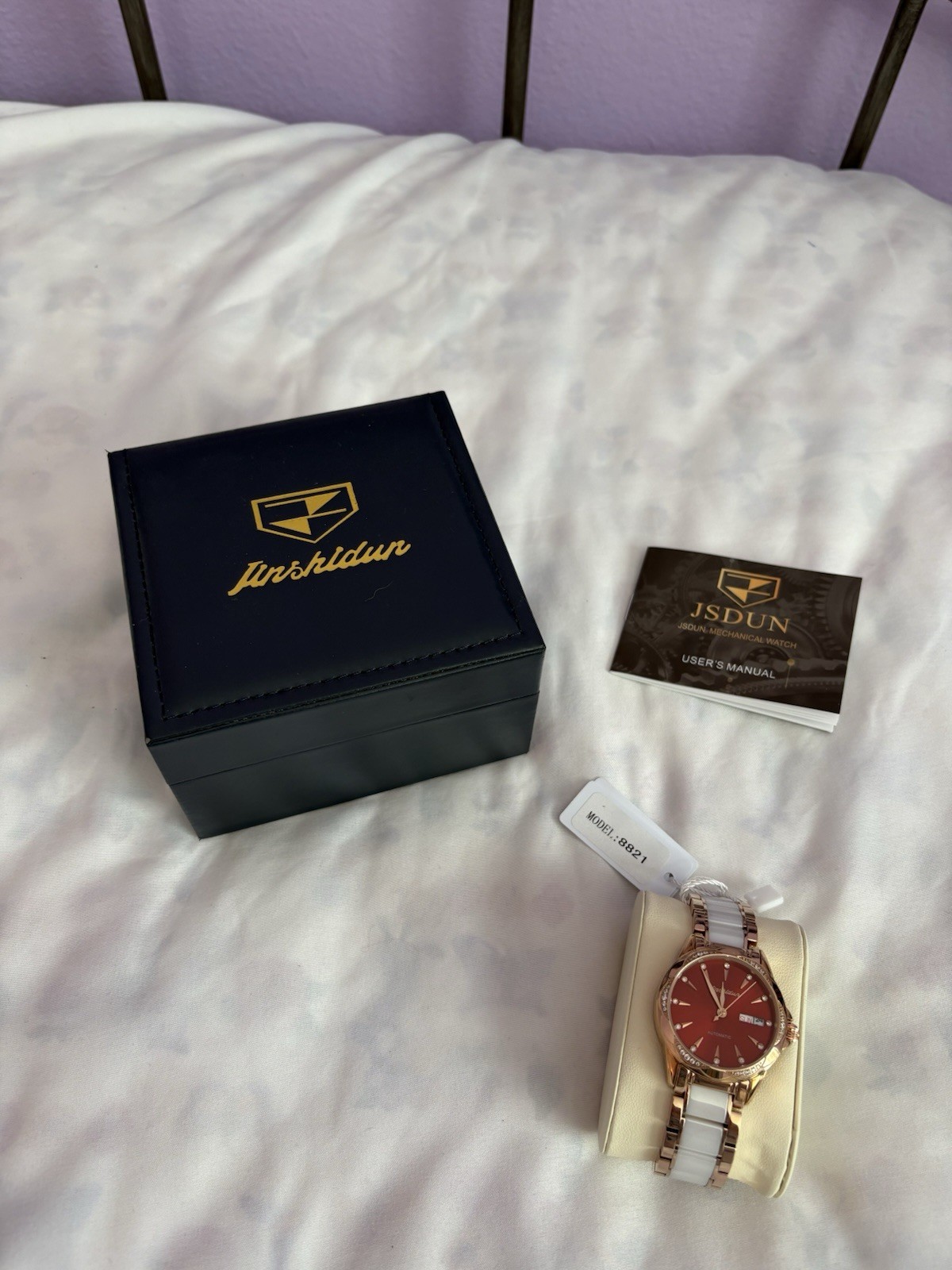 JSDUN Ladies Stainless Mechanical Watch Red Face Gold Tone Elegant Gems Date NIB