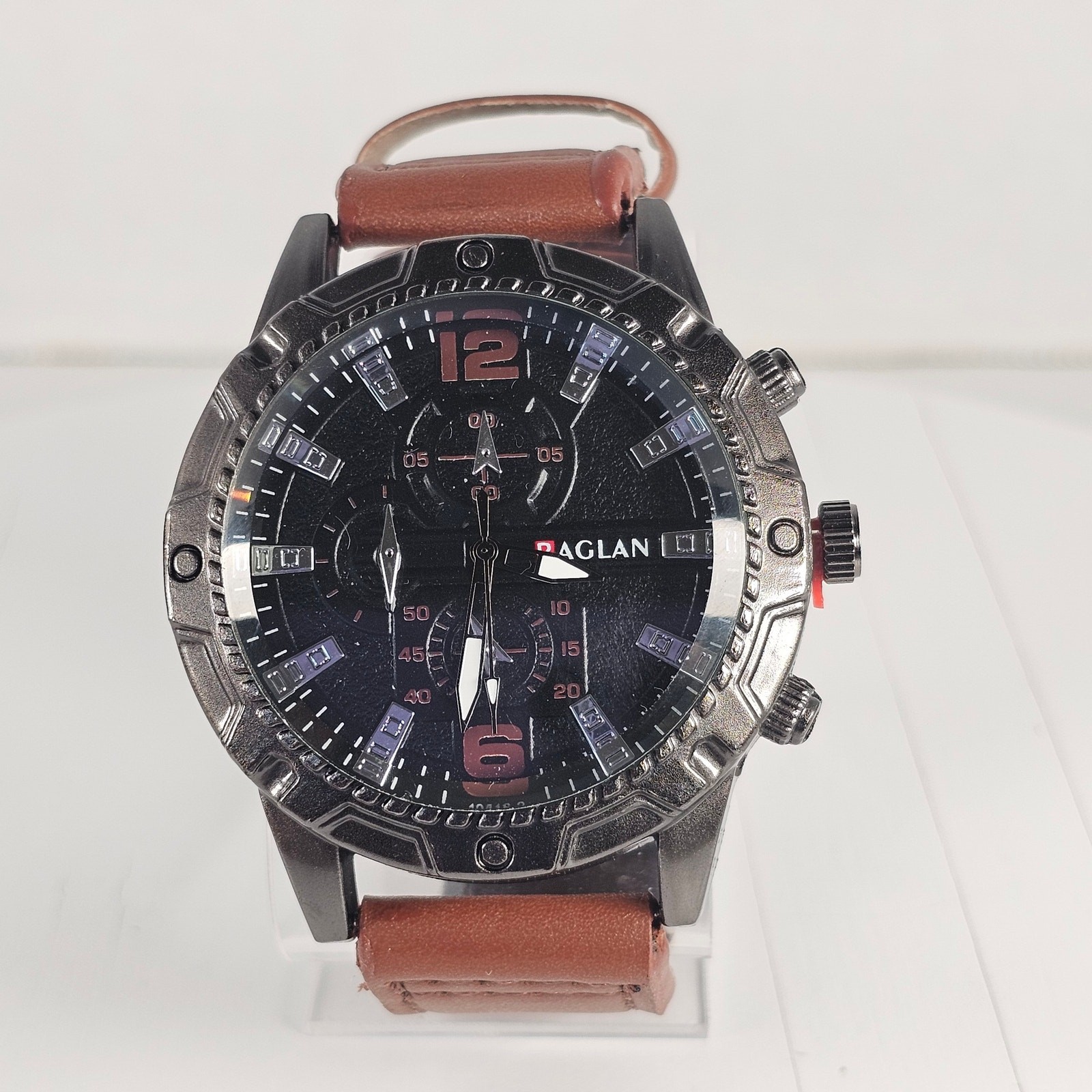 Raglan Men’s Quartz Watch Black Dial Brown Band 43.9mm Case Chrono Look NEW