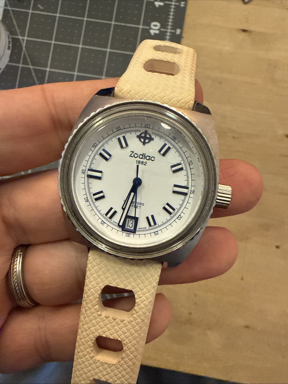 zodiac Sea Dragon zo2244 Swiss dive watch 100m 38mm square blue white tan