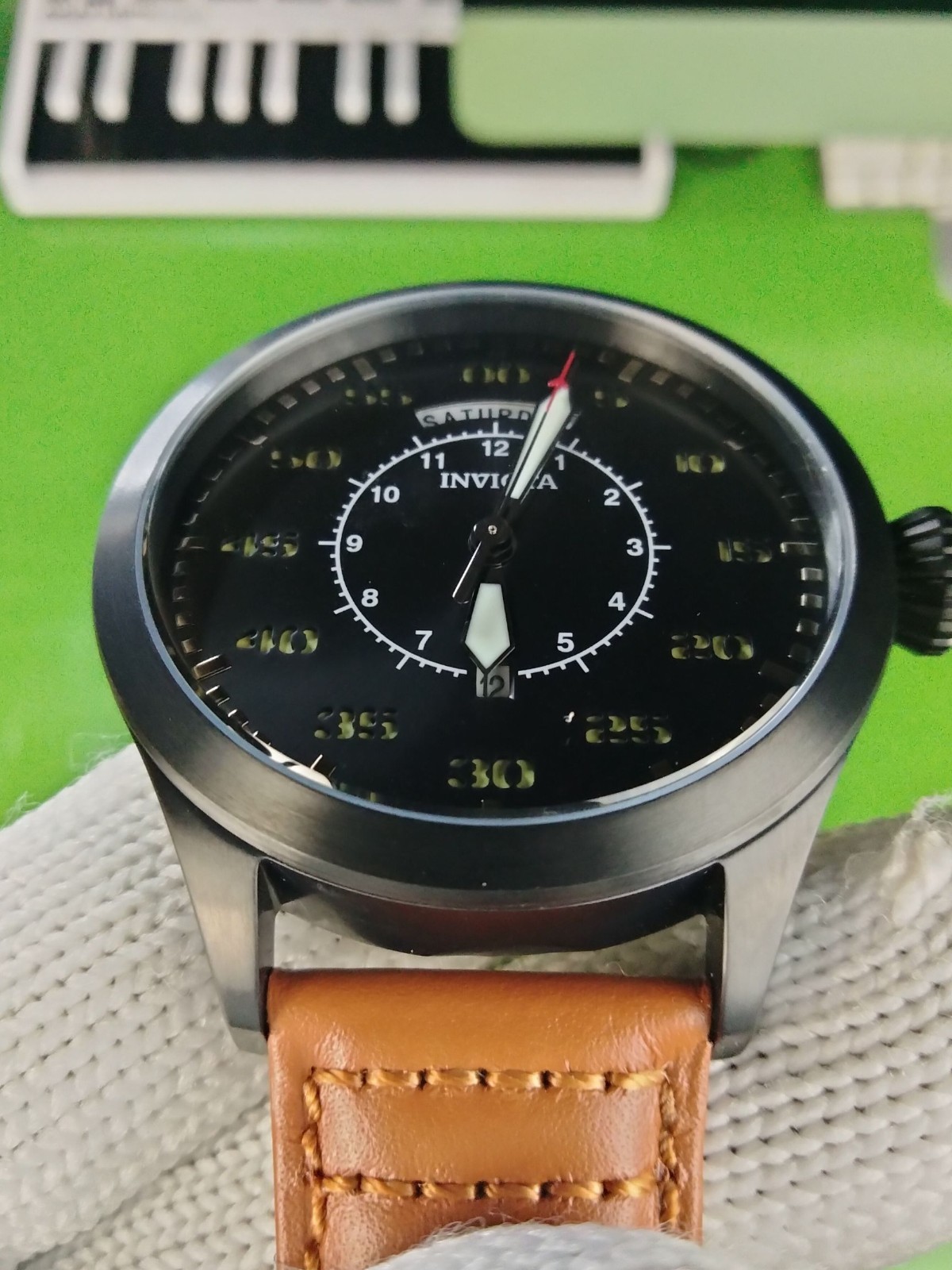 Invicta Aviator 22974 Men Black Case & Dial Tan Leather Strap Quartz Watch 45 mm