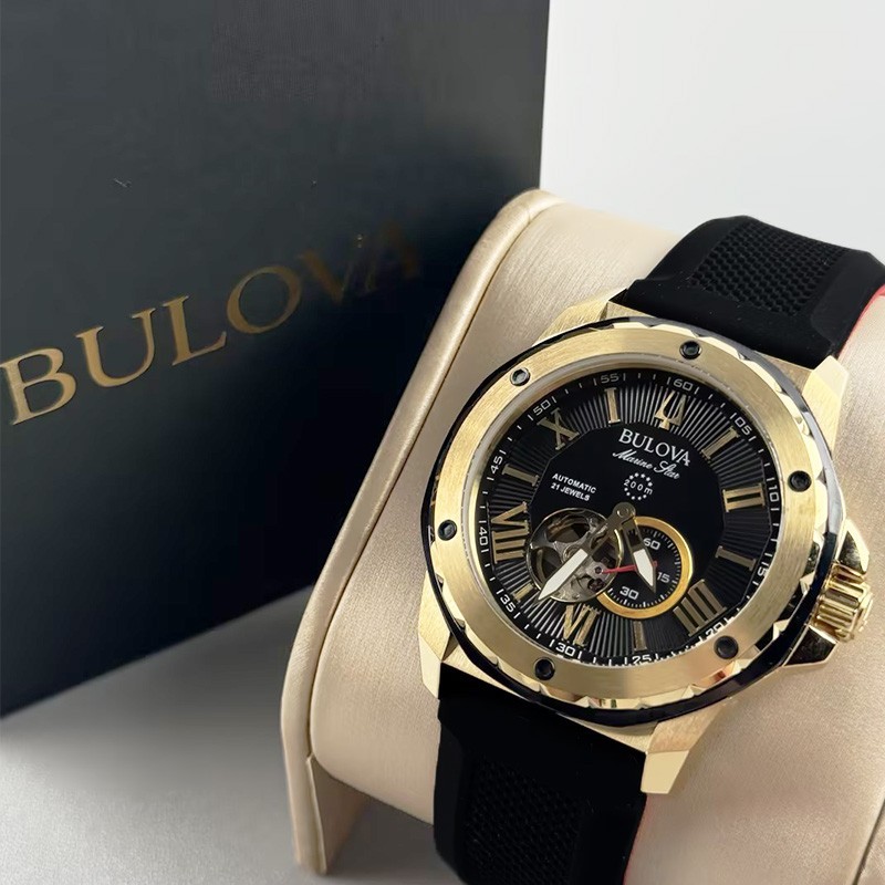Bulova Marine Star 98A272 Automatic Men’s Watch Black Gold Dial Rubber Strap