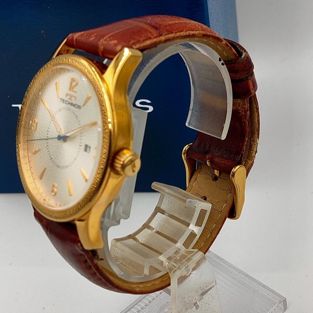 USED TECHNOS T4167 Gold-Tone Date Leather Band Quartz Watch