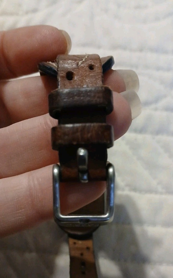 Fossil Blue Dial Square Case Brown Leather Wrap Watch Date