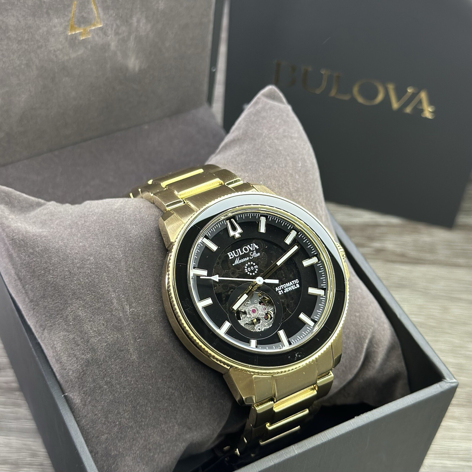 NEW✅AUTOMATIC✅ Bulova Marine Star Gold Tone Black Dial Skeleton Men Watch 97A174