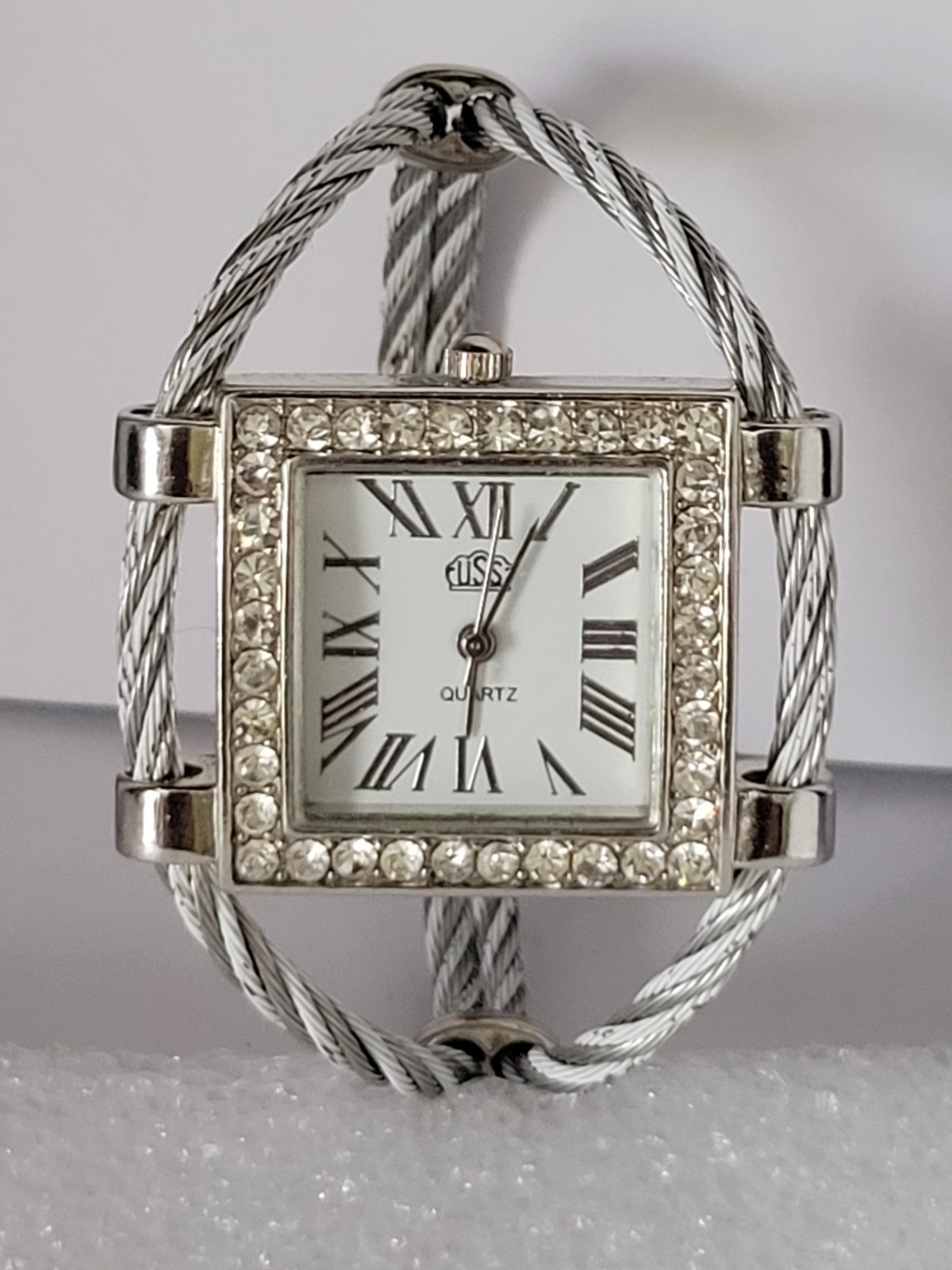 Cussi Womens Square Rhinestone Quartz Watch Silver Cable Bangle New Battery…