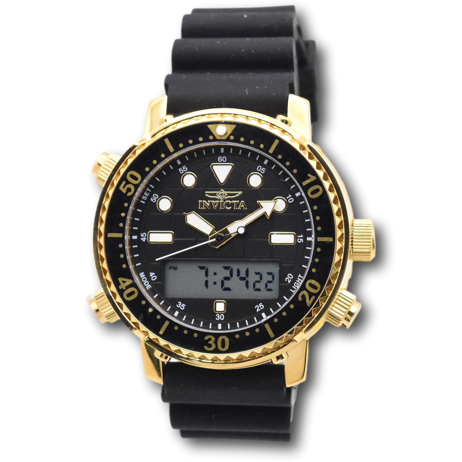 Invicta Pro Diver Men’s 46.5mm Gold Dual Time Digital Ana-Digi Watch 48369
