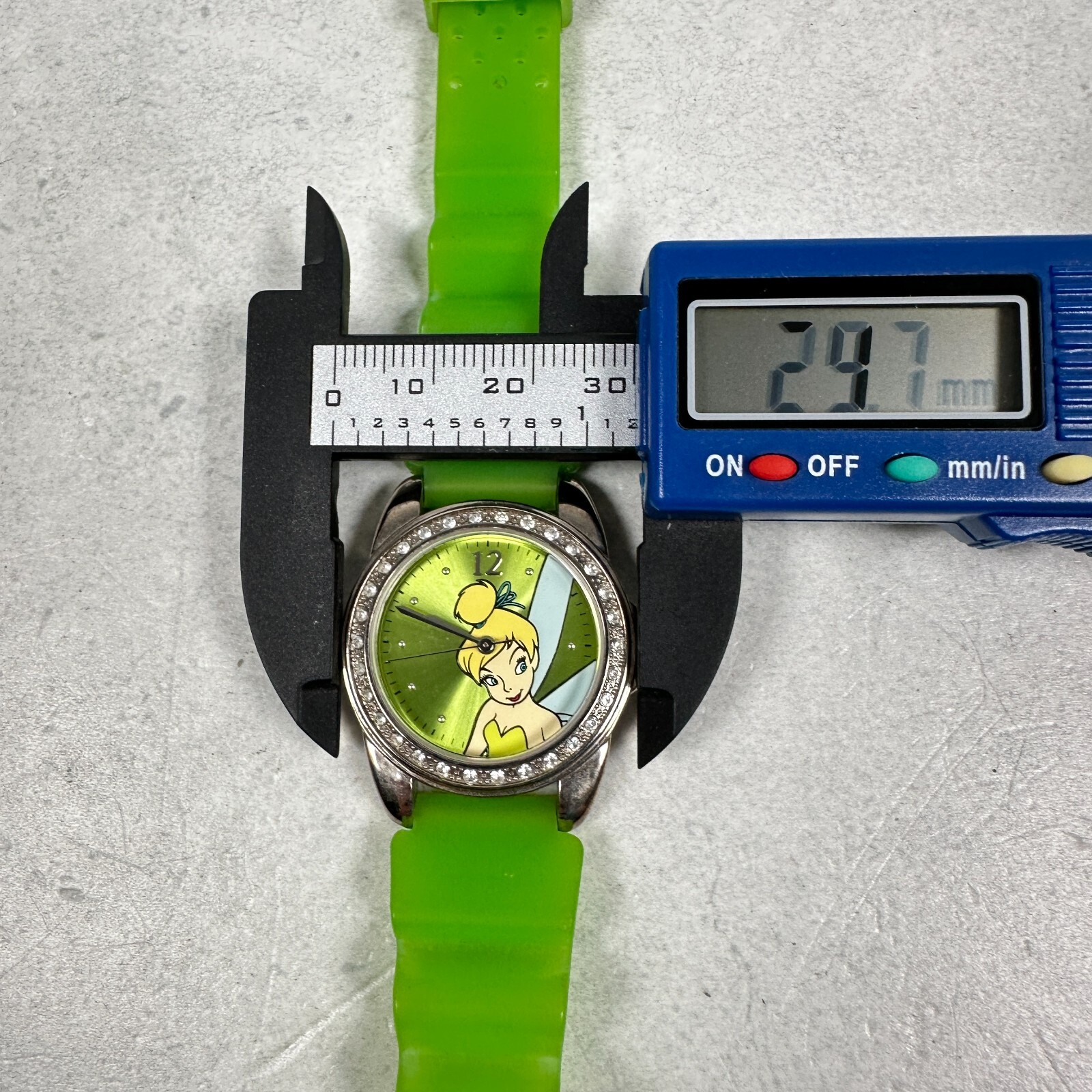 Disney Watch Womens 29mm Tinker Bell Pave Crystal Bezel Green Band New Battery