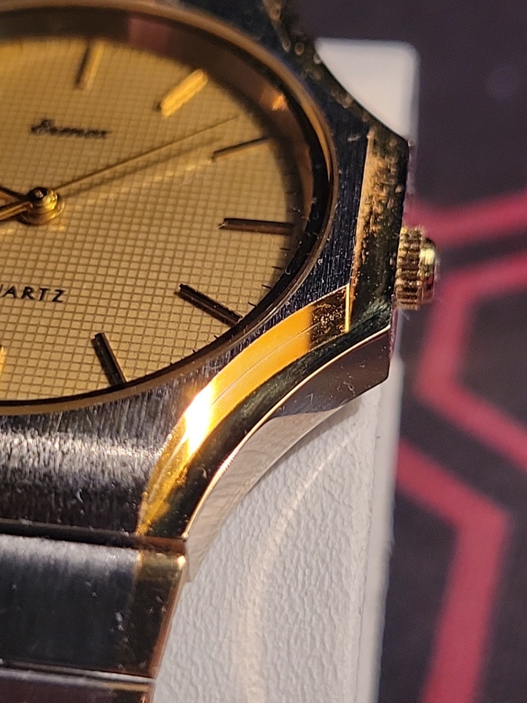 Ermex Watch 1986 NOS Gold Toned Circular Square Brushed Silver Works Mint Aristo