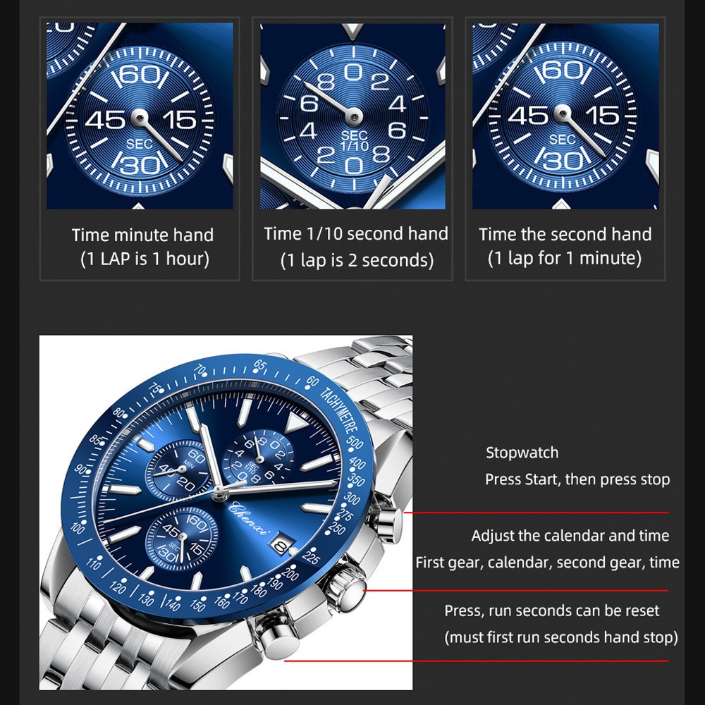 CHENXI Men Watch Chronograph Wristwatch with Six-hands Luminous Calendar Watches