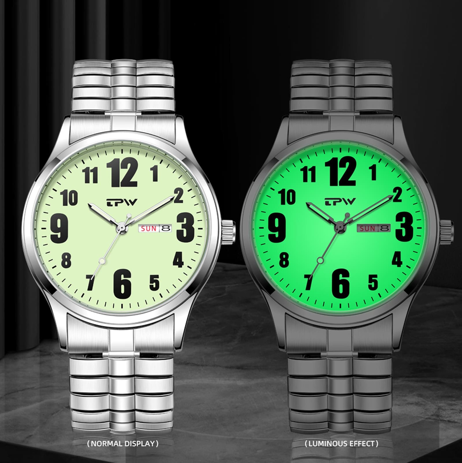 Luminous Couple’s Date Easy Reader Stretch Band Wrist Watch for Mom Dad Senior