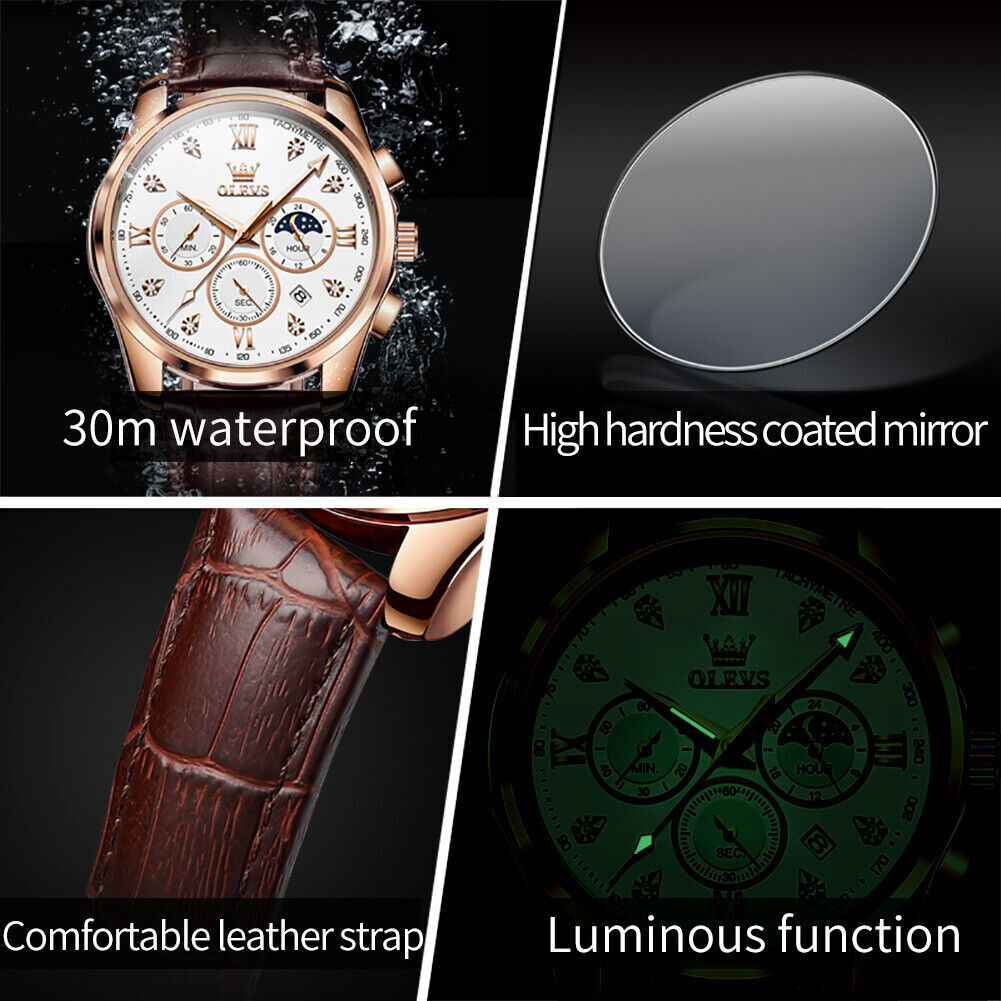 OLEVS Man’s Watch Chronograph Diamond Date Moon Phases Waterproof Wristwatches