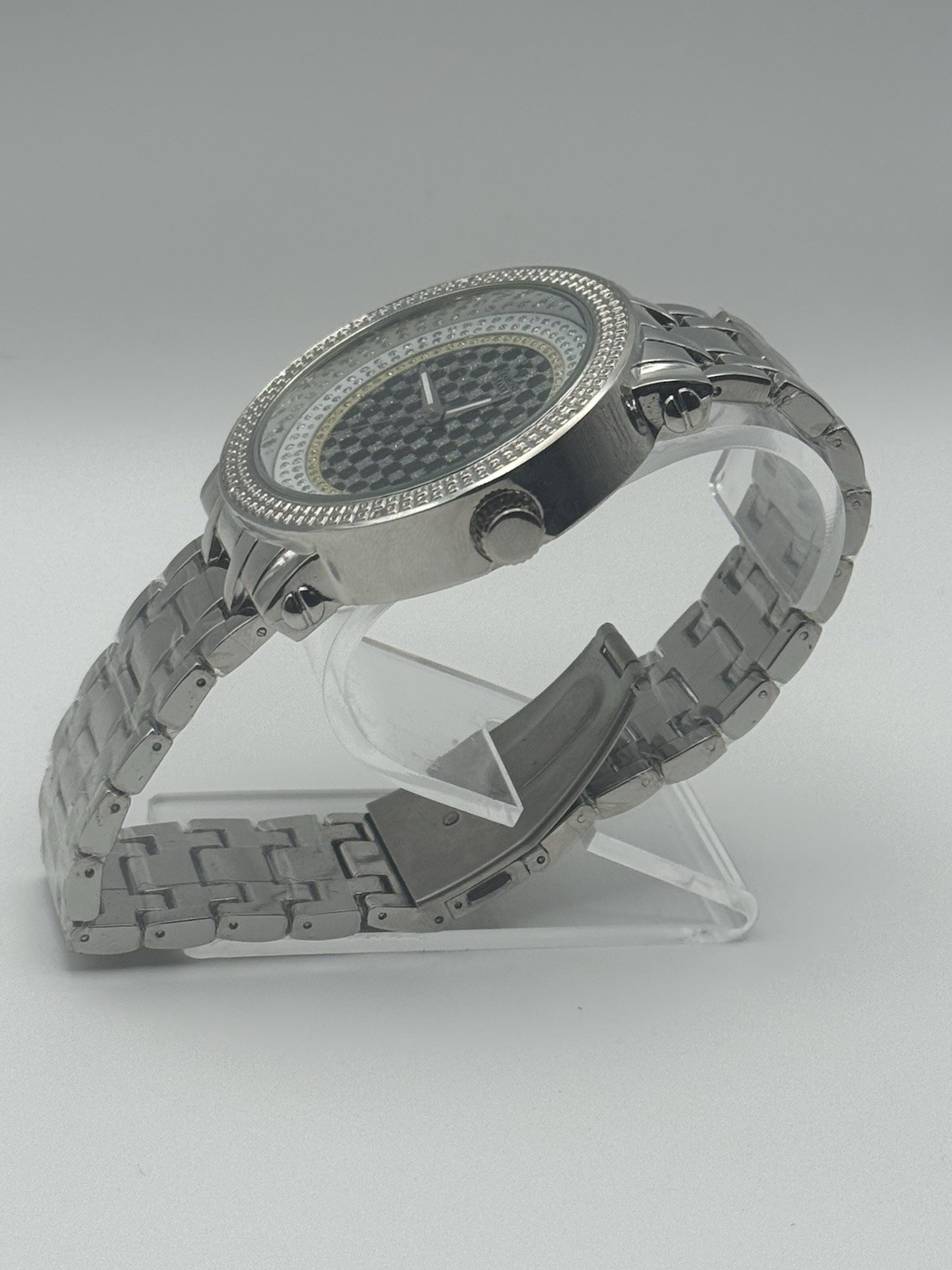 Diamond Maxx Quartz Silver Tone Stainless Steel 44mm Checkerboard Dial Watch