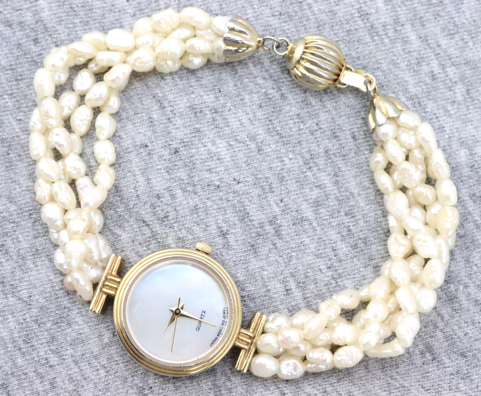 New.BAT 23mm Vintage World Pacific MOP Dial Seed Rice Pearl Strand Watch Gold Tn