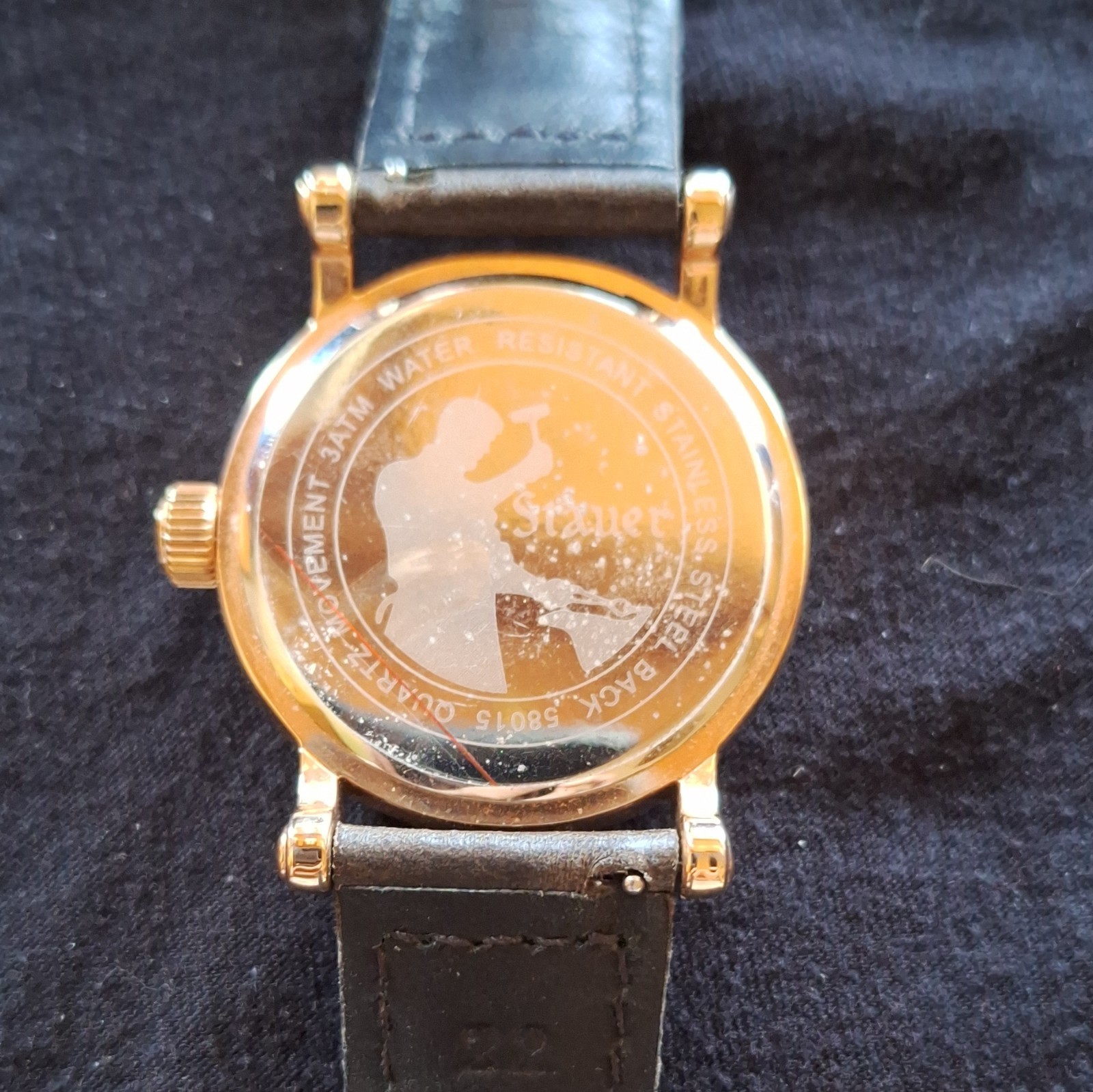 Stauer Men’s Quartz Analog Dress Watch Black Dial Roman Gold Case Leather