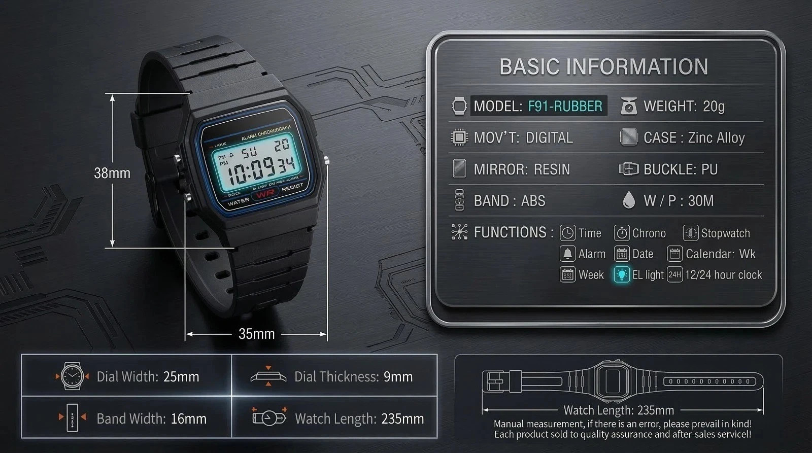 F91W Classic Digital Watch Resin Strap Stopwatch Chronograph Sport Men Watch