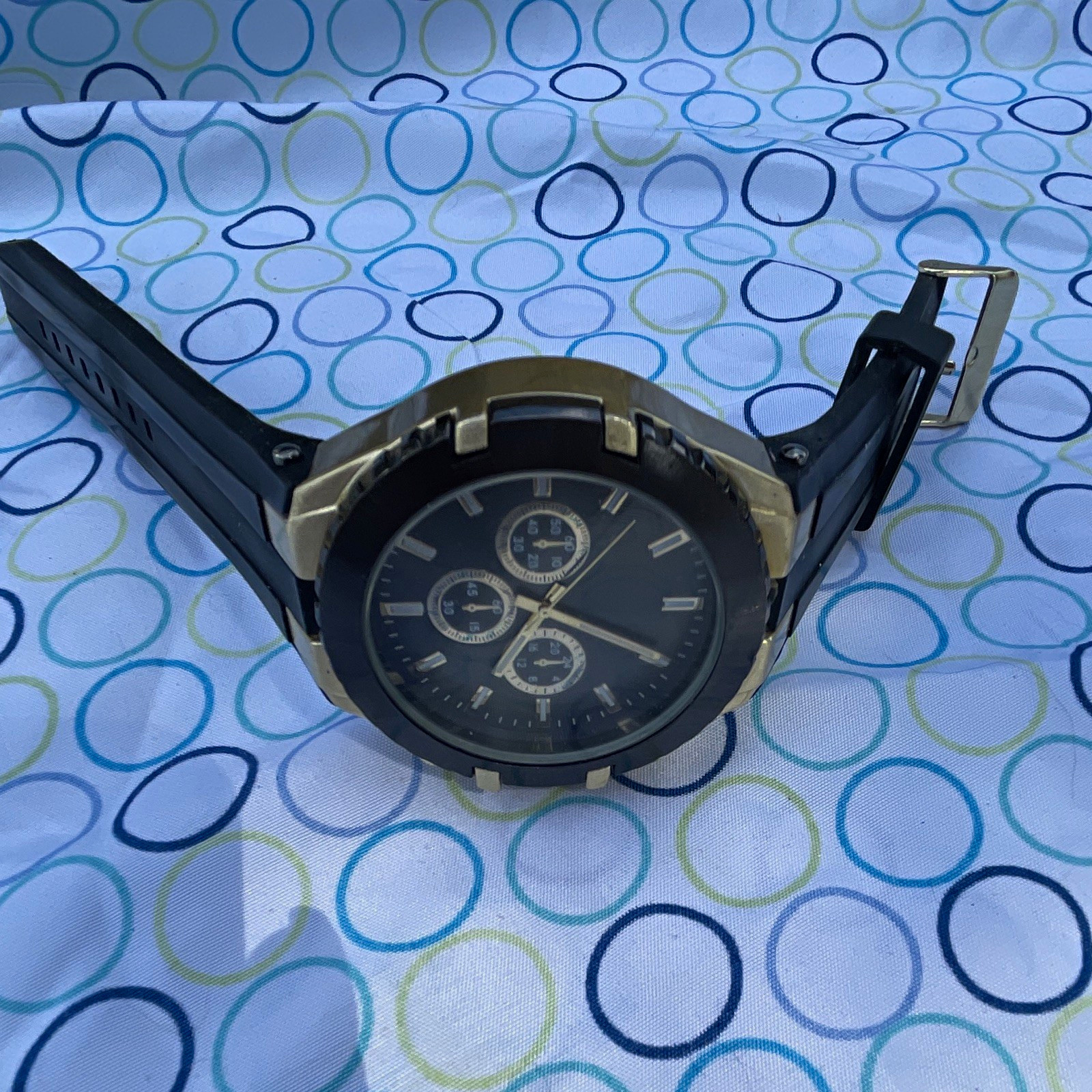 FMD Quartz Analog Chronograph Black Dial Gold Tone Case Black Rubber 48-51mm