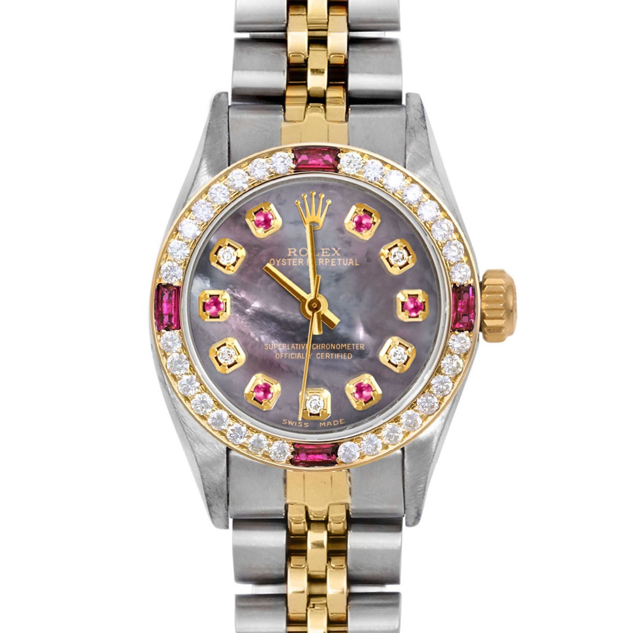 Rolex Lady TT Oyster Perpetual Black MOP Ruby Diamond Dial Ruby Diamond Bezel