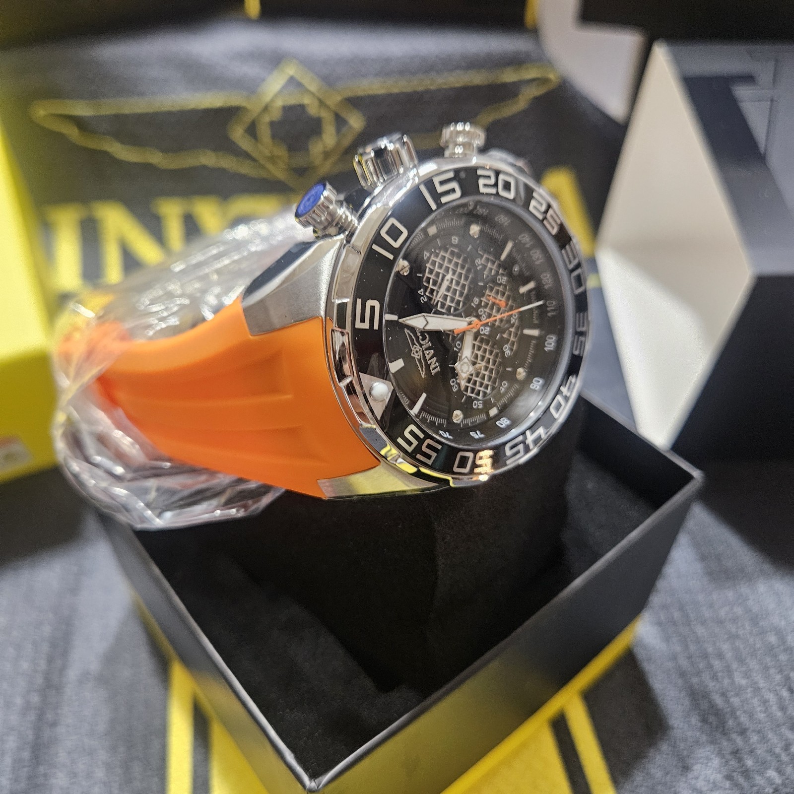 Invicta Mens Speedway Chronograph 50mm Black Dial Orange Strap Quartz Watch