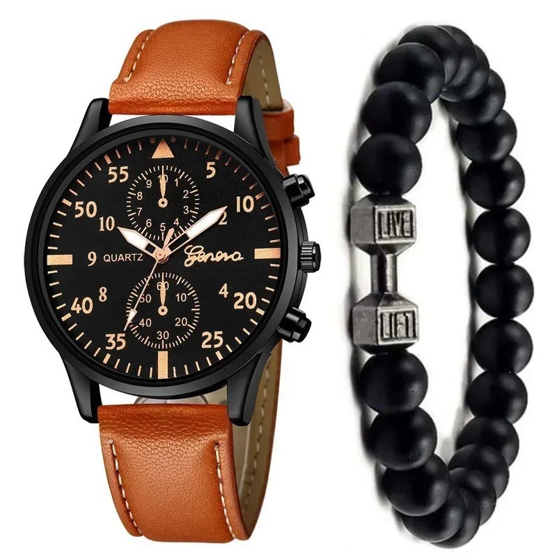 4/2/1pcs Men Sports Watches Set Man Business Quartz Wristwatch Luxury Brown Leat