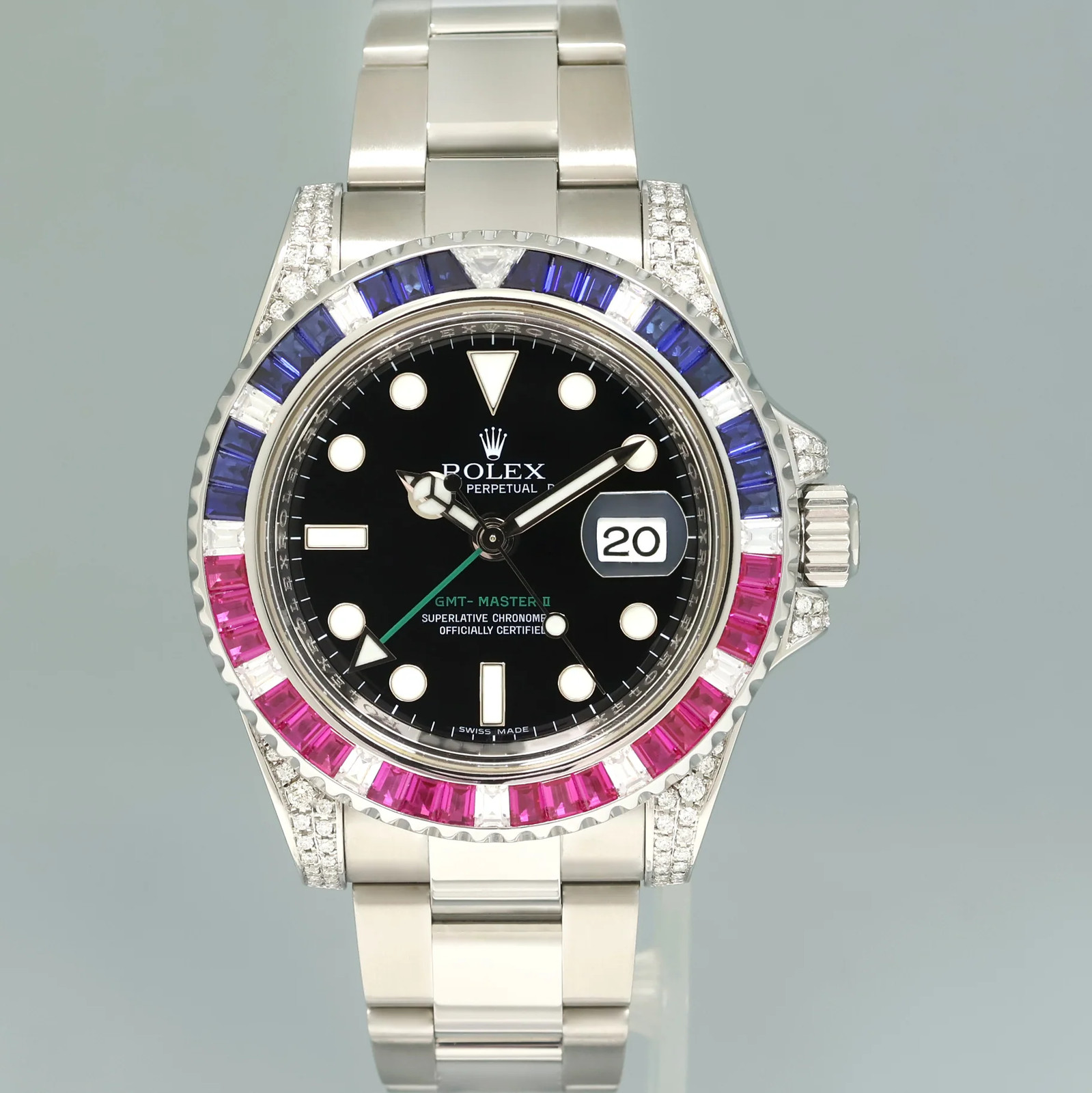 2017 MINT Diamond Ruby & Sapphire Rolex GMT Master II 116710 Steel 40mm Watch