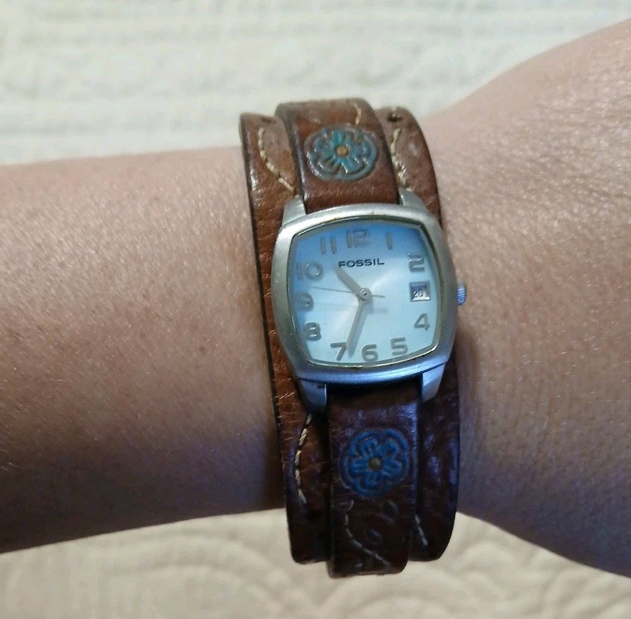 Fossil Blue Dial Square Case Brown Leather Wrap Watch Date