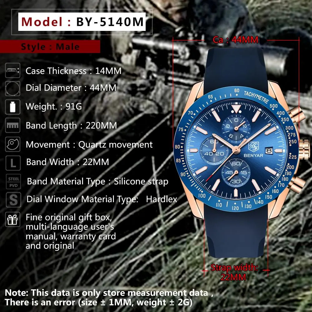 BENYAR BY-5140 Men’S Quartz Watch Alloy Case Silicone Strap Fashion Casual 3Bar