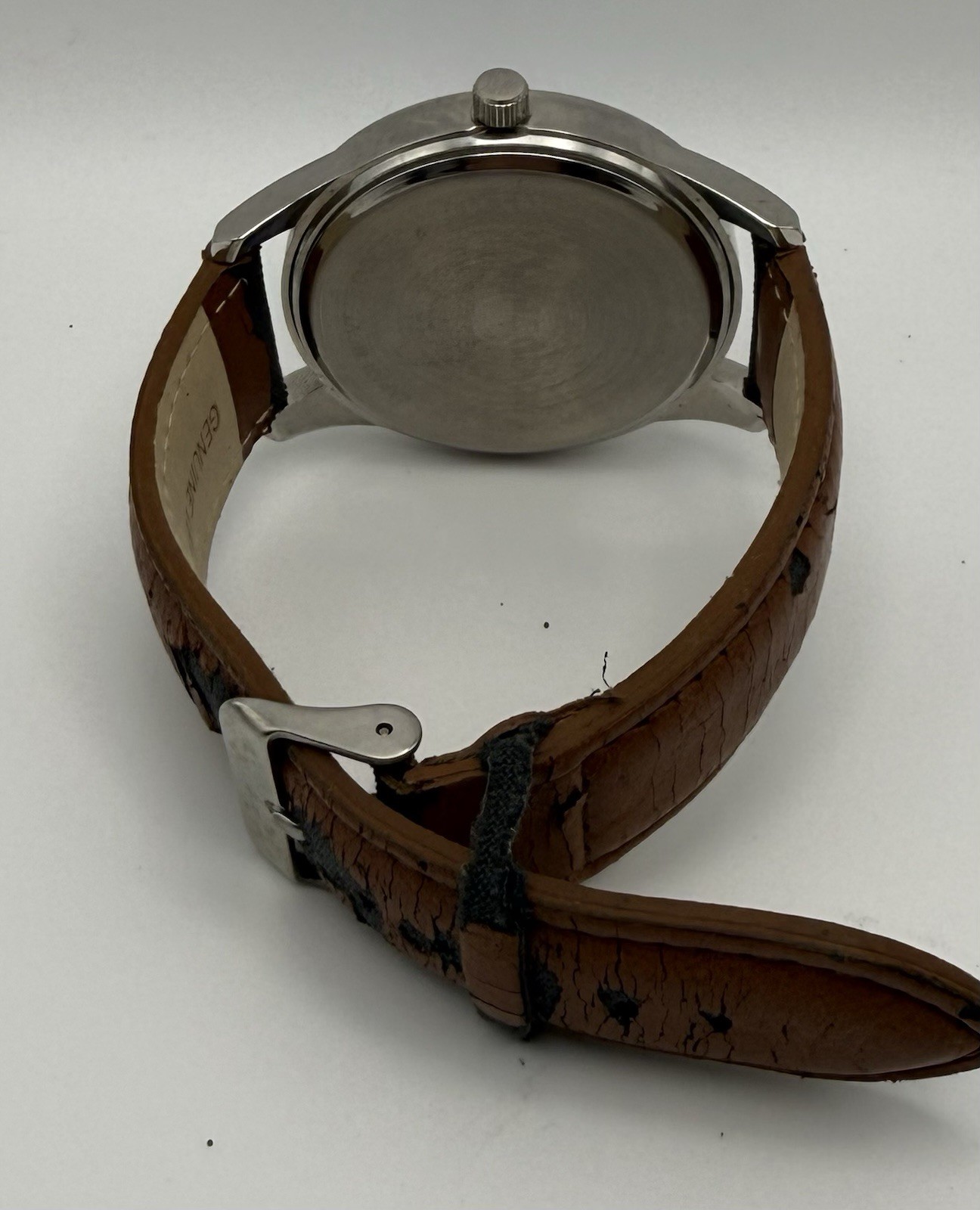 Van Heusen Mens Quartz Analog Blue Dial Silver SS Brown Leather Strap Watch