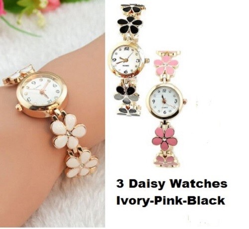 x3 Enamel & Gem Stone Daisy Watches Quartz Ivory Pink Black Fun Floral Fashion