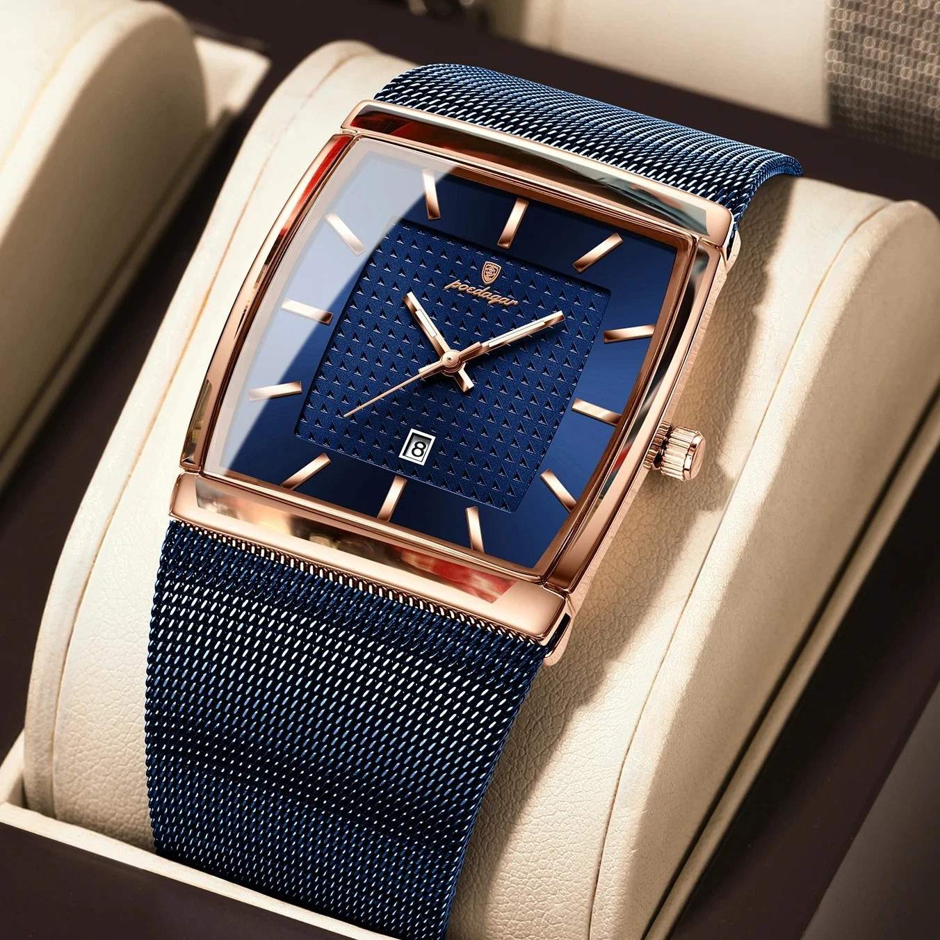 Luxury Men’s Watch Rectangle Steel Mesh Waterproof Luminous Date Quartz
