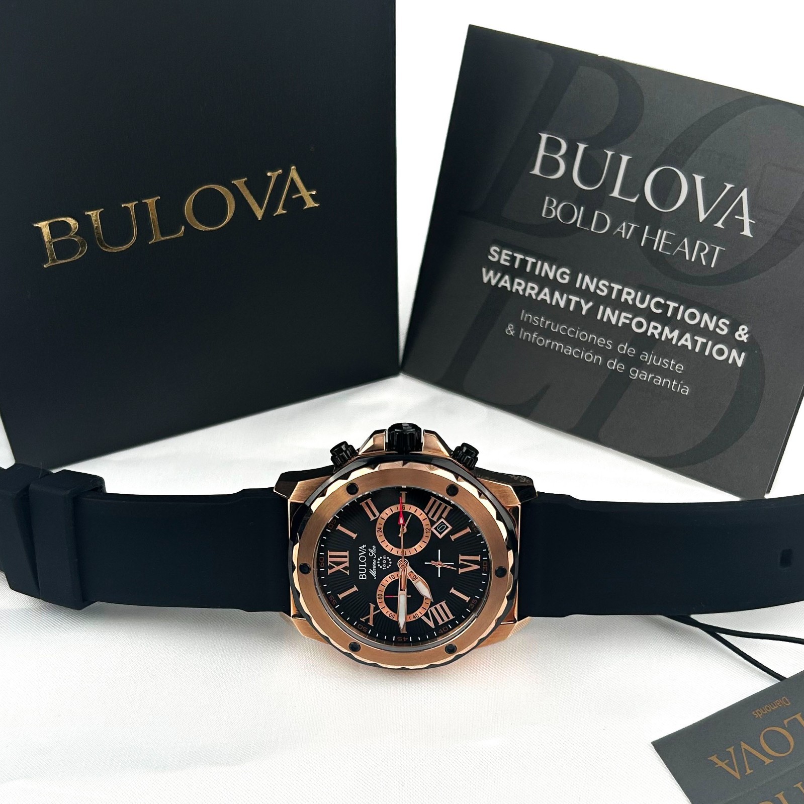 New w/box/Bulova Men’s Marine Star 98B104 Black Dial Silicone Strap Quartz Watch
