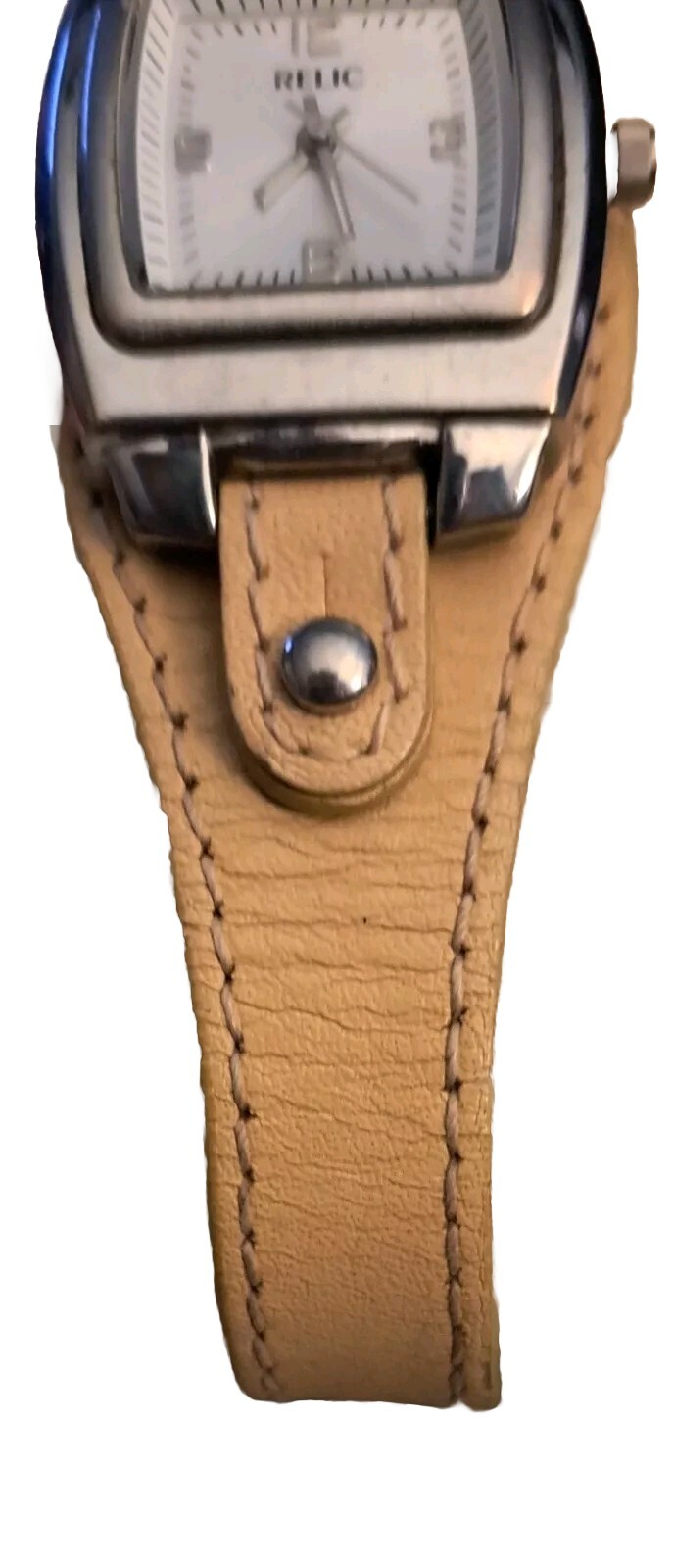 Relic Women’s 8.5″ Silvertone Square Watch Tan Leather Band New Battery