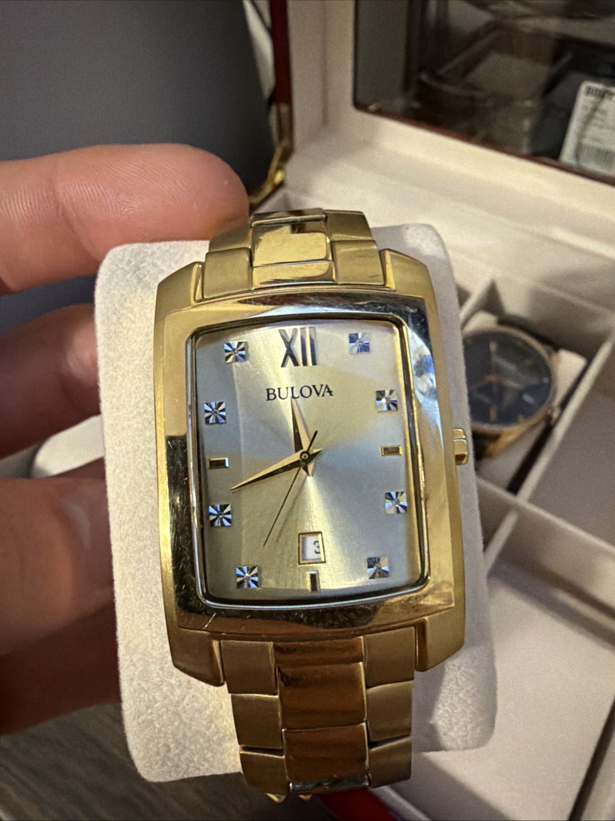 BULOVA MENS QUADRA GOLD DIAMONDS RECTANGLE CHAMPAGNE DIAL WATCH 97D120*