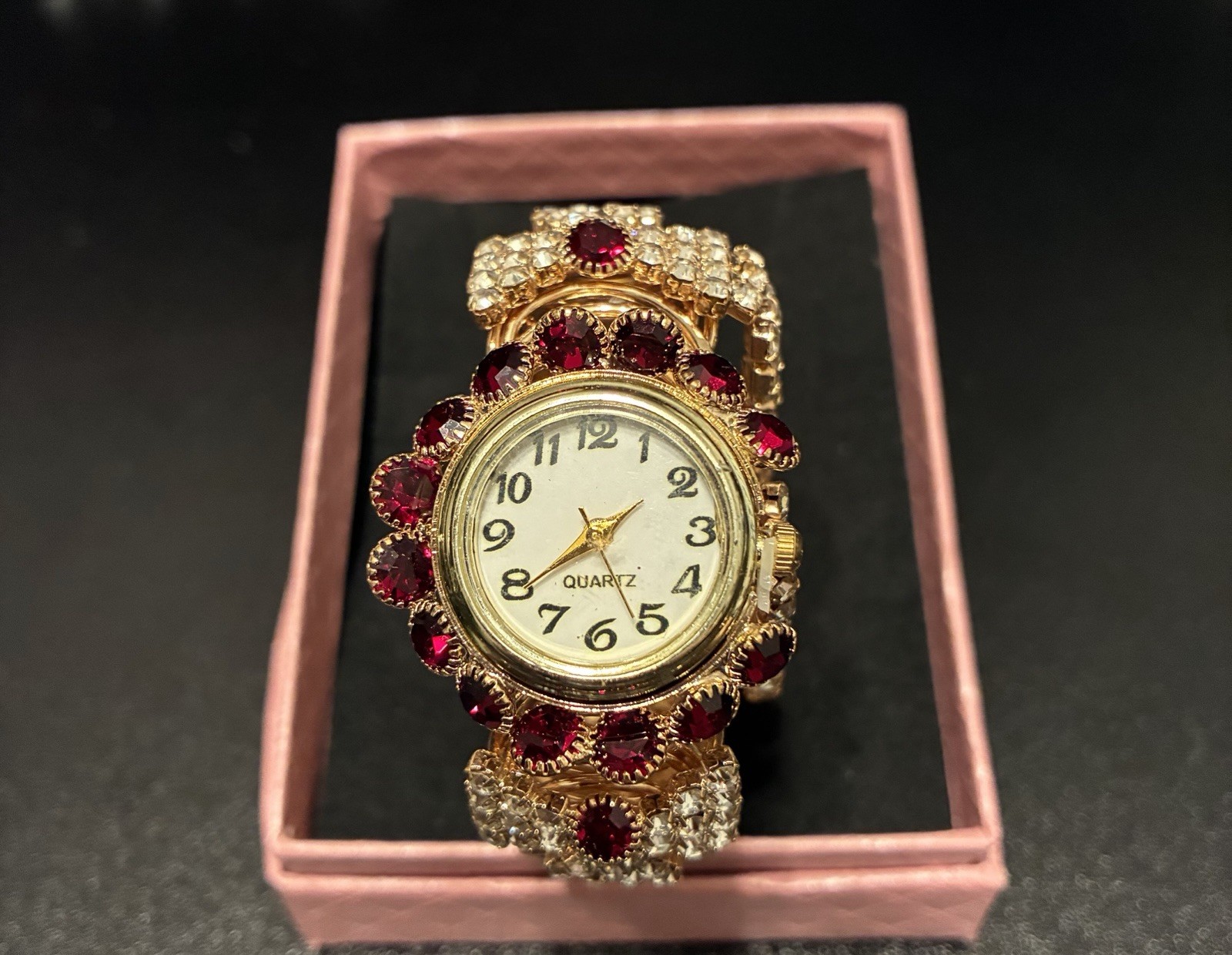 Vintage Style Women’s Gold Tone Cocktail Watch – Ruby Red & Clear Rhinestones