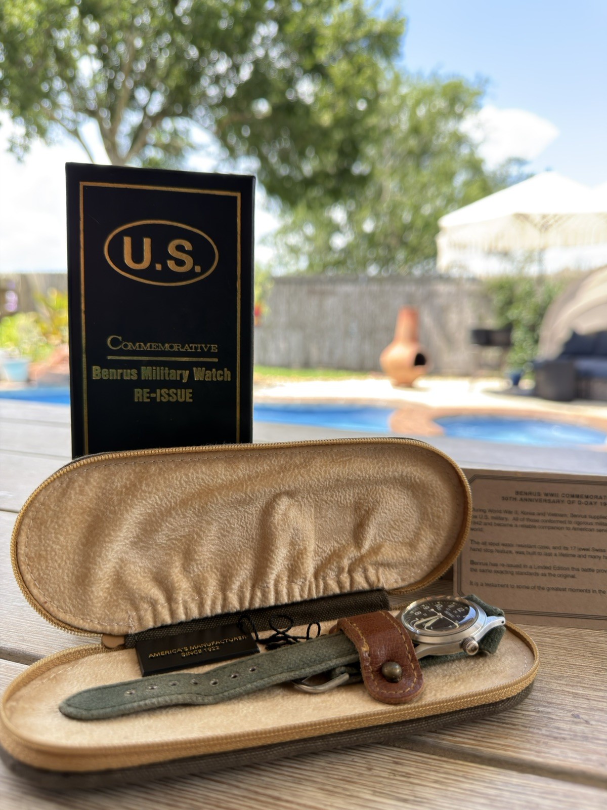 ORIGINAL BOX, CASE & PAPERS VINTAGE U.S. COMMMEMORATIVE BENRUS MILITARY WATCH NR