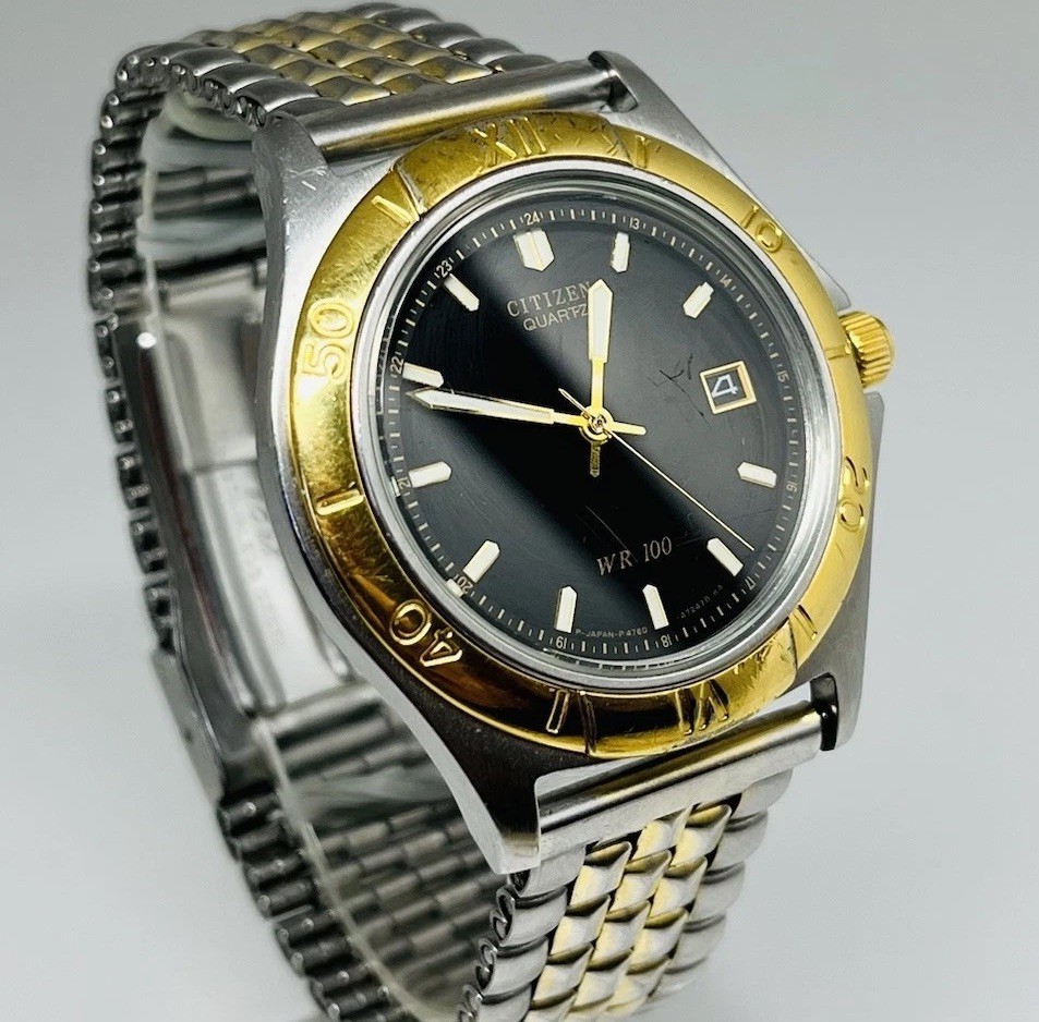 1980s Vintage Citizen WR100 Quartz Watch 38mm Stainless Steel Day Date