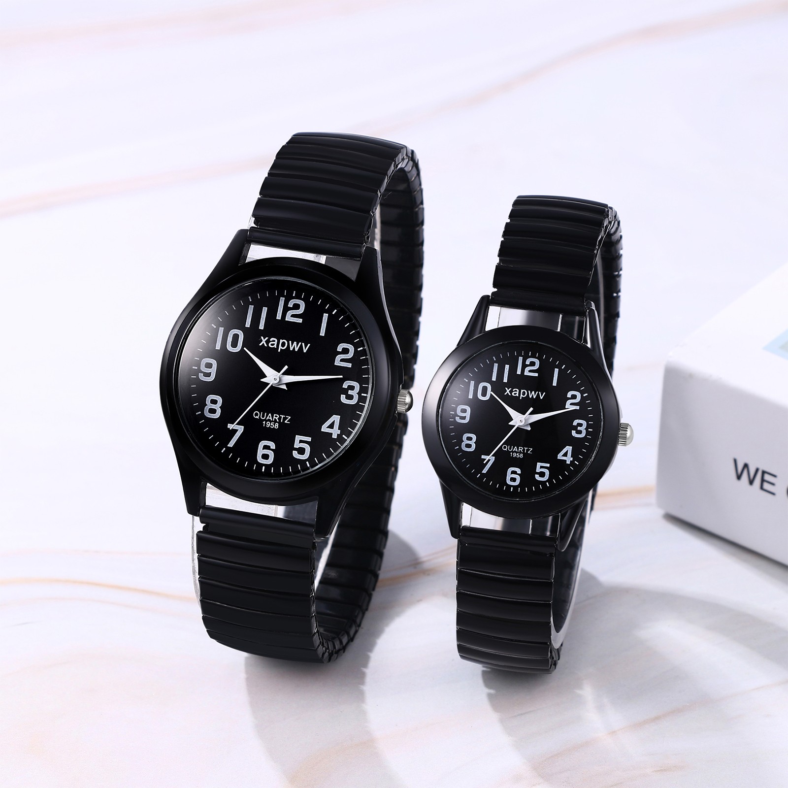 Men’s Womens Ultra Thin Stretch Band Quartz Wrist Watch Big Numbers Easy to Read