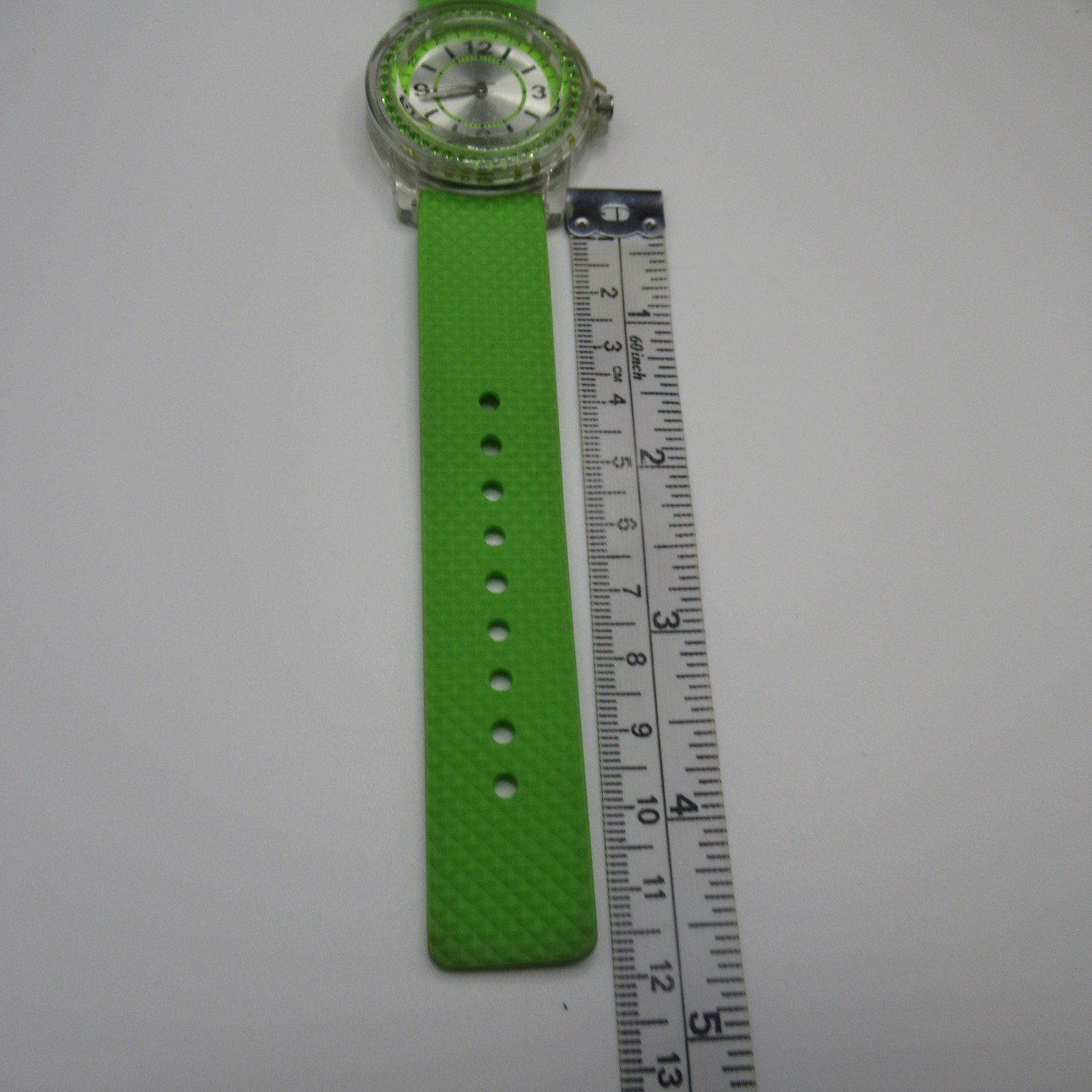 Neon Green Rubber Band Wristwatch Clear Case Silver Dial Japan Movt Fun Watch