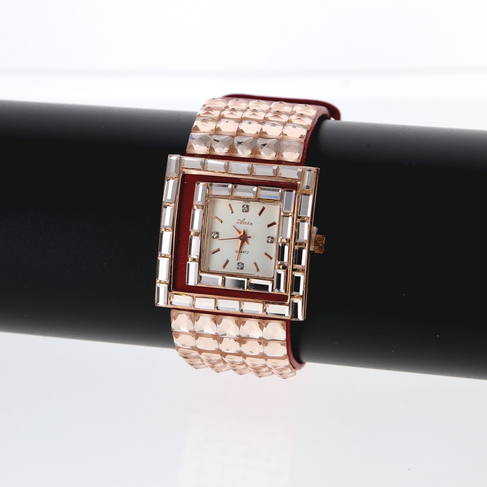 Women’s Square Watch with Black Face and Crystal Embellishment on Red Leather